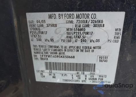 2005 Ford F-150 Fx4/Lariat/Xlt из США, поврежденный, VIN 1FTPW14595KE50668